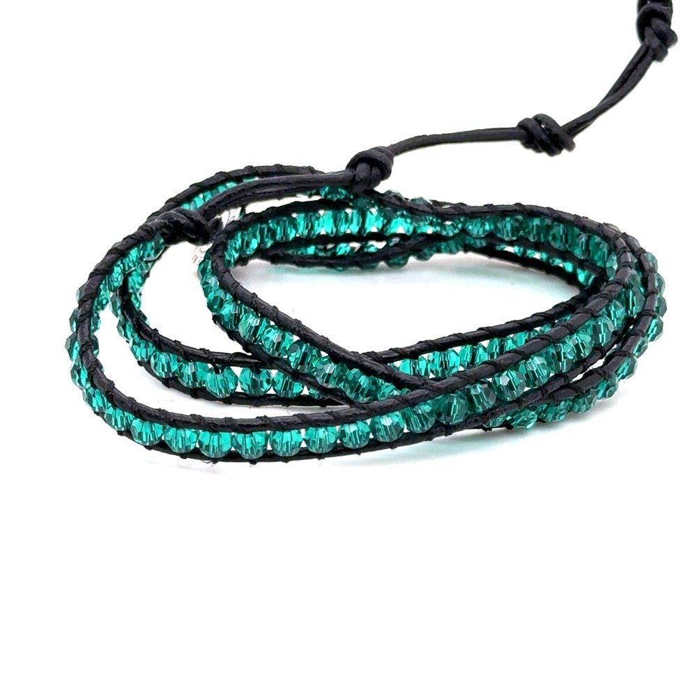 Victoria Emerson Emerald Green Crystal Black Leather Triple Wrap Bracelet 23"